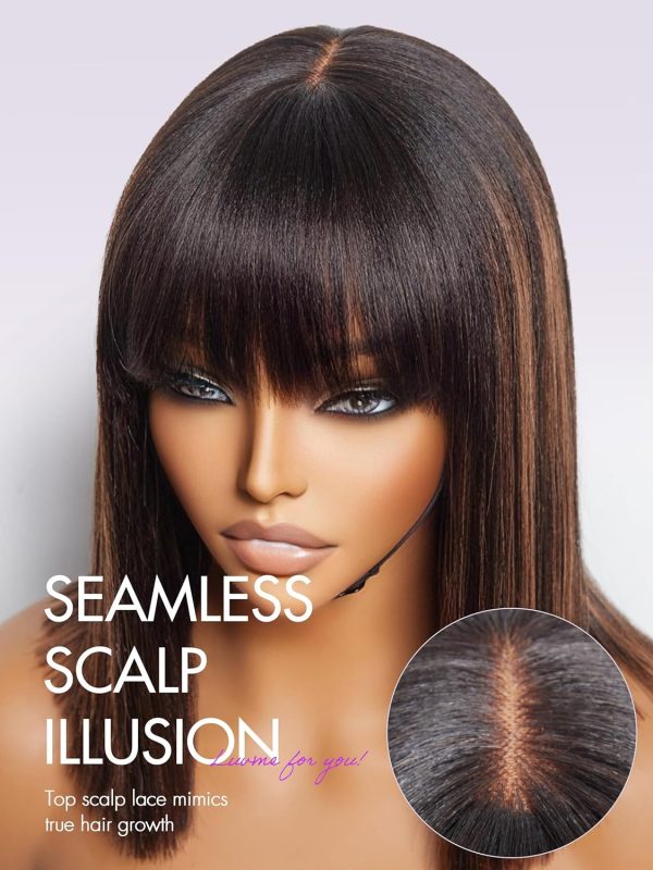 LUVME HAIR 14 Inch Yaki Straight Bob Wig with Bangs Human Hair Glueless HD Lace Bob Wig with Brown Highlights, Ready to Go Short Wigs For Women 180 Density Breathable Cap - Image 42