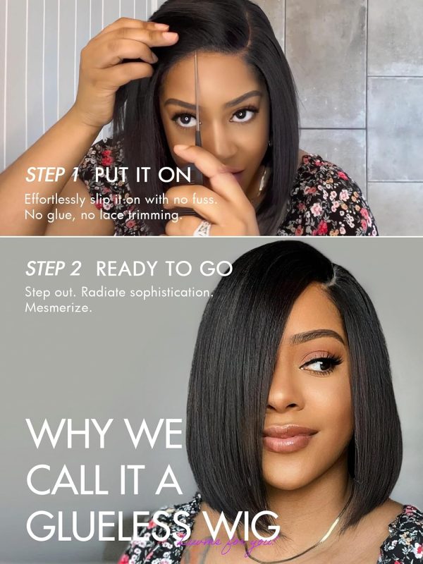 LUVME HAIR 14 Inch Yaki Straight Bob Wig with Bangs Human Hair Glueless HD Lace Bob Wig with Brown Highlights, Ready to Go Short Wigs For Women 180 Density Breathable Cap - Image 49
