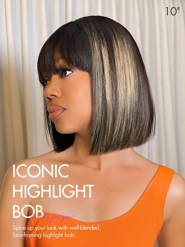 LUVME HAIR 14 Inch Yaki Straight Bob Wig with Bangs Human Hair Glueless HD Lace Bob Wig with Brown Highlights, Ready to Go Short Wigs For Women 180 Density Breathable Cap - Image 51