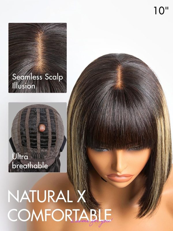 LUVME HAIR 14 Inch Yaki Straight Bob Wig with Bangs Human Hair Glueless HD Lace Bob Wig with Brown Highlights, Ready to Go Short Wigs For Women 180 Density Breathable Cap - Image 54