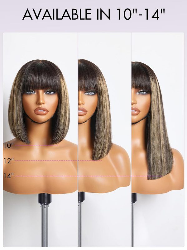 LUVME HAIR 14 Inch Yaki Straight Bob Wig with Bangs Human Hair Glueless HD Lace Bob Wig with Brown Highlights, Ready to Go Short Wigs For Women 180 Density Breathable Cap - Image 55