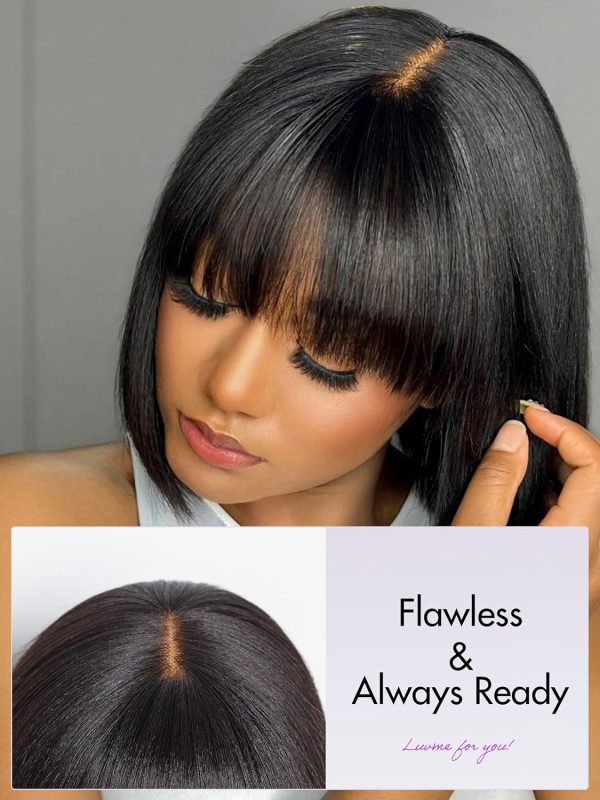 LUVME HAIR 14 Inch Yaki Straight Bob Wig with Bangs Human Hair Glueless HD Lace Bob Wig with Brown Highlights, Ready to Go Short Wigs For Women 180 Density Breathable Cap - Image 58