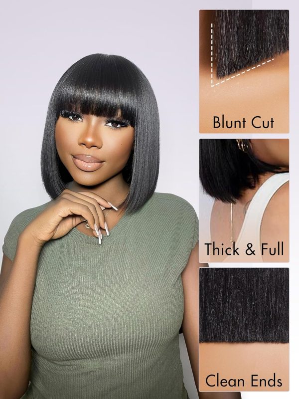 LUVME HAIR 14 Inch Yaki Straight Bob Wig with Bangs Human Hair Glueless HD Lace Bob Wig with Brown Highlights, Ready to Go Short Wigs For Women 180 Density Breathable Cap - Image 59