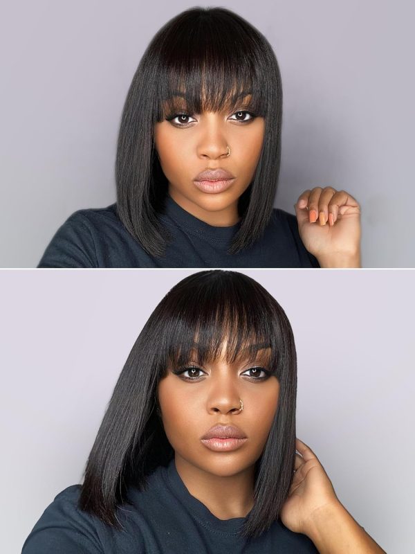 LUVME HAIR 14 Inch Yaki Straight Bob Wig with Bangs Human Hair Glueless HD Lace Bob Wig with Brown Highlights, Ready to Go Short Wigs For Women 180 Density Breathable Cap - Image 63