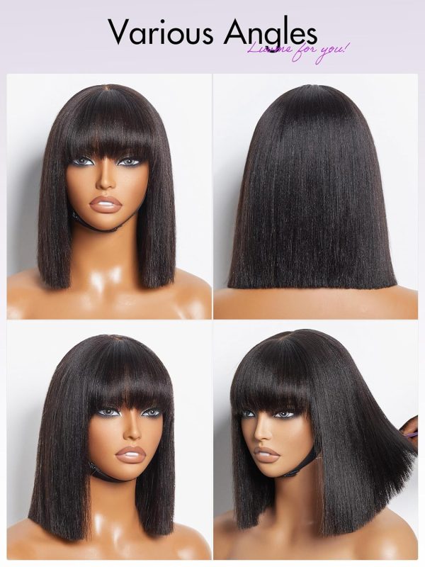 LUVME HAIR 14 Inch Yaki Straight Bob Wig with Bangs Human Hair Glueless HD Lace Bob Wig with Brown Highlights, Ready to Go Short Wigs For Women 180 Density Breathable Cap - Image 64