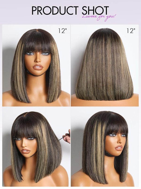 LUVME HAIR 14 Inch Yaki Straight Bob Wig with Bangs Human Hair Glueless HD Lace Bob Wig with Brown Highlights, Ready to Go Short Wigs For Women 180 Density Breathable Cap - Image 76