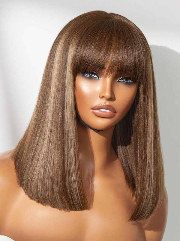 LUVME HAIR 14 Inch Yaki Straight Bob Wig with Bangs Human Hair Glueless HD Lace Bob Wig with Brown Highlights, Ready to Go Short Wigs For Women 180 Density Breathable Cap - Image 77