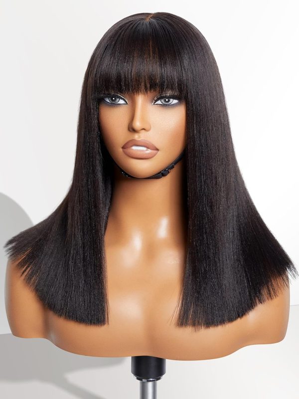 LUVME HAIR 14 Inch Yaki Straight Bob Wig with Bangs Human Hair Glueless HD Lace Bob Wig with Brown Highlights, Ready to Go Short Wigs For Women 180 Density Breathable Cap - Image 83