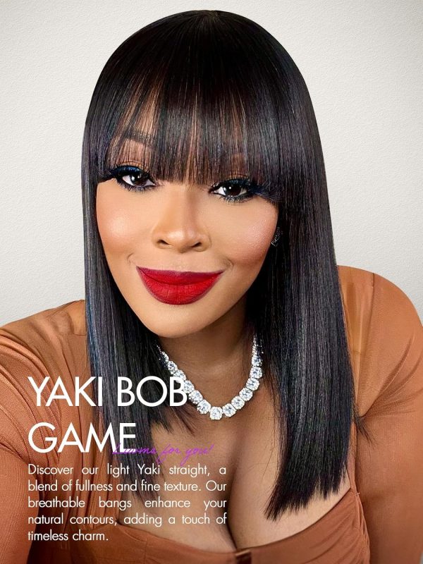 LUVME HAIR 14 Inch Yaki Straight Bob Wig with Bangs Human Hair Glueless HD Lace Bob Wig with Brown Highlights, Ready to Go Short Wigs For Women 180 Density Breathable Cap - Image 84
