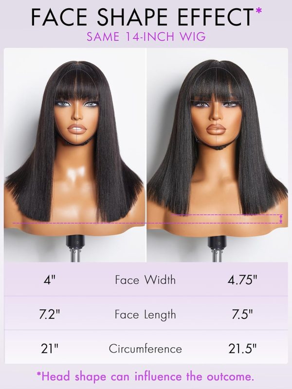 LUVME HAIR 14 Inch Yaki Straight Bob Wig with Bangs Human Hair Glueless HD Lace Bob Wig with Brown Highlights, Ready to Go Short Wigs For Women 180 Density Breathable Cap - Image 86