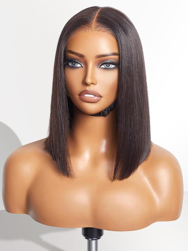 LUVME HAIR 14 Inch Yaki Straight Bob Wig with Bangs Human Hair Glueless HD Lace Bob Wig with Brown Highlights, Ready to Go Short Wigs For Women 180 Density Breathable Cap - Image 92