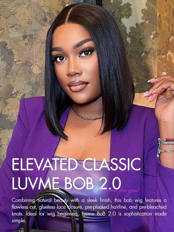 LUVME HAIR 14 Inch Yaki Straight Bob Wig with Bangs Human Hair Glueless HD Lace Bob Wig with Brown Highlights, Ready to Go Short Wigs For Women 180 Density Breathable Cap - Image 93