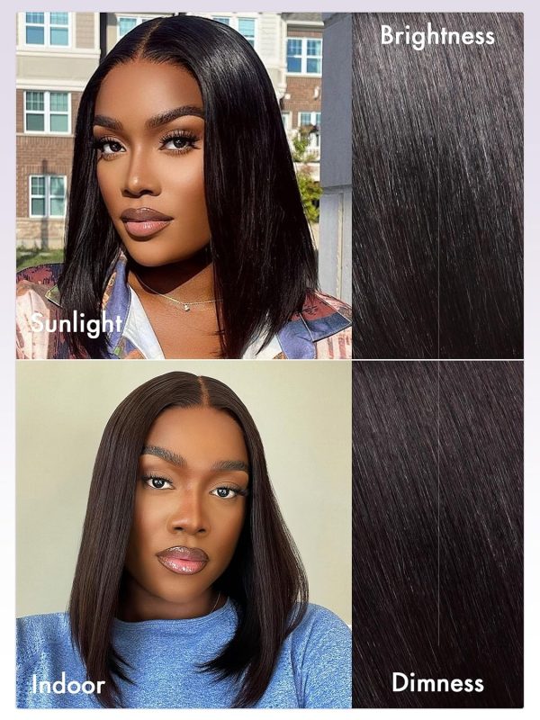 LUVME HAIR 14 Inch Yaki Straight Bob Wig with Bangs Human Hair Glueless HD Lace Bob Wig with Brown Highlights, Ready to Go Short Wigs For Women 180 Density Breathable Cap - Image 96