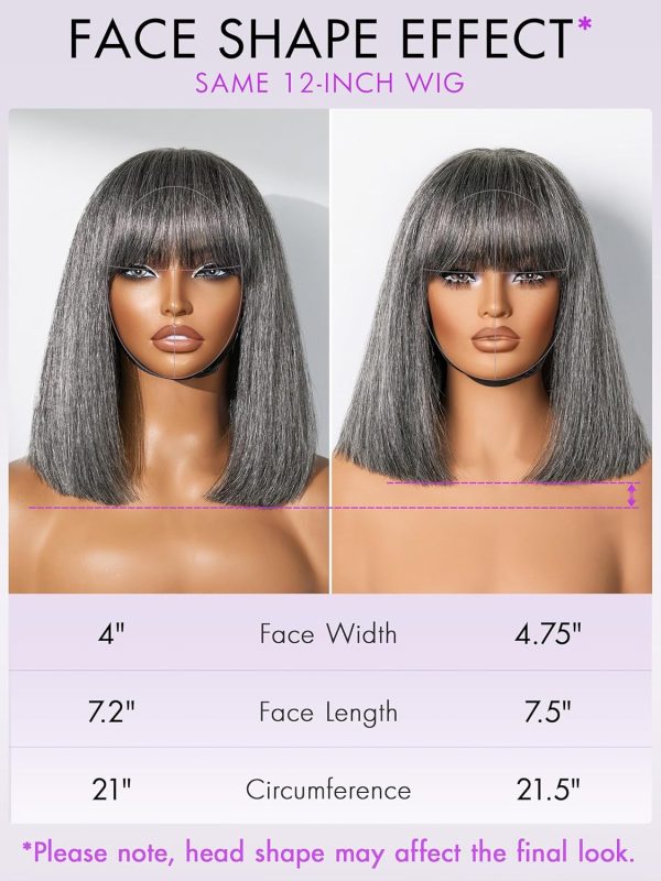 LUVME HAIR 14 Inch Yaki Straight Bob Wig with Bangs Human Hair Glueless HD Lace Bob Wig with Brown Highlights, Ready to Go Short Wigs For Women 180 Density Breathable Cap - Image 109