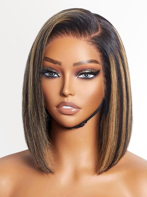 LUVME HAIR 14 Inch Yaki Straight Bob Wig with Bangs Human Hair Glueless HD Lace Bob Wig with Brown Highlights, Ready to Go Short Wigs For Women 180 Density Breathable Cap - Image 117