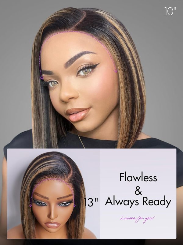 LUVME HAIR 14 Inch Yaki Straight Bob Wig with Bangs Human Hair Glueless HD Lace Bob Wig with Brown Highlights, Ready to Go Short Wigs For Women 180 Density Breathable Cap - Image 120