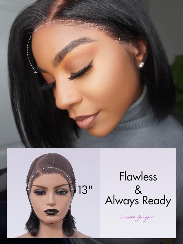 LUVME HAIR 14 Inch Yaki Straight Bob Wig with Bangs Human Hair Glueless HD Lace Bob Wig with Brown Highlights, Ready to Go Short Wigs For Women 180 Density Breathable Cap - Image 129