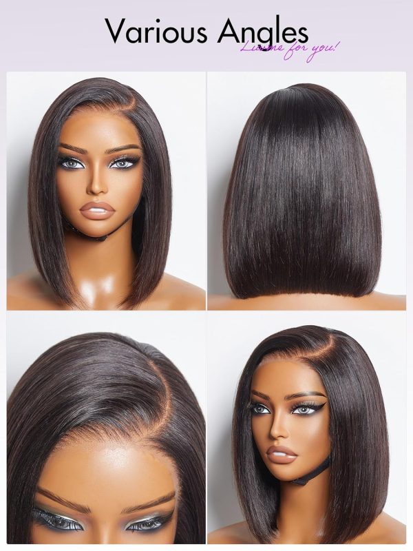 LUVME HAIR 14 Inch Yaki Straight Bob Wig with Bangs Human Hair Glueless HD Lace Bob Wig with Brown Highlights, Ready to Go Short Wigs For Women 180 Density Breathable Cap - Image 131