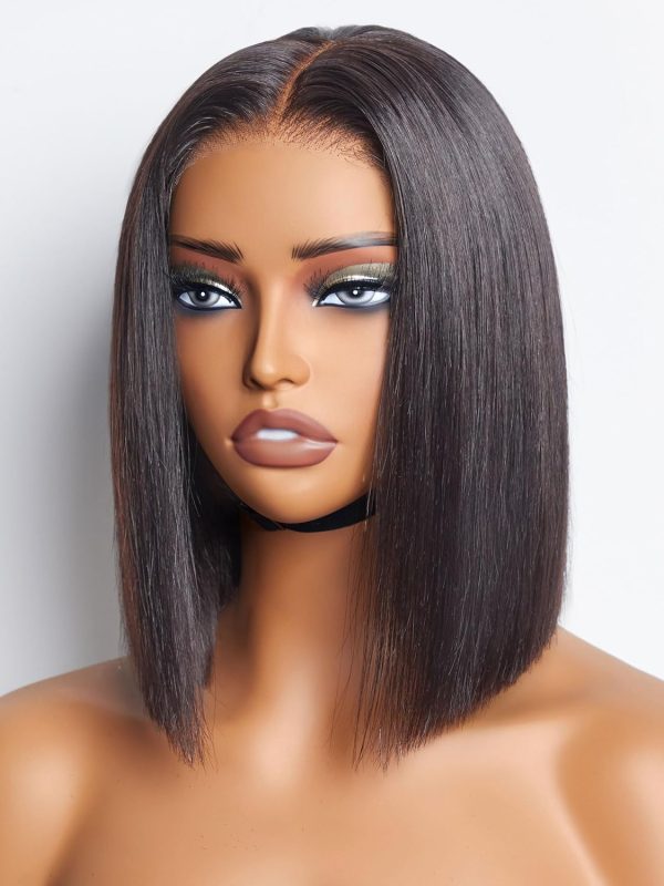 LUVME HAIR 14 Inch Yaki Straight Bob Wig with Bangs Human Hair Glueless HD Lace Bob Wig with Brown Highlights, Ready to Go Short Wigs For Women 180 Density Breathable Cap - Image 134