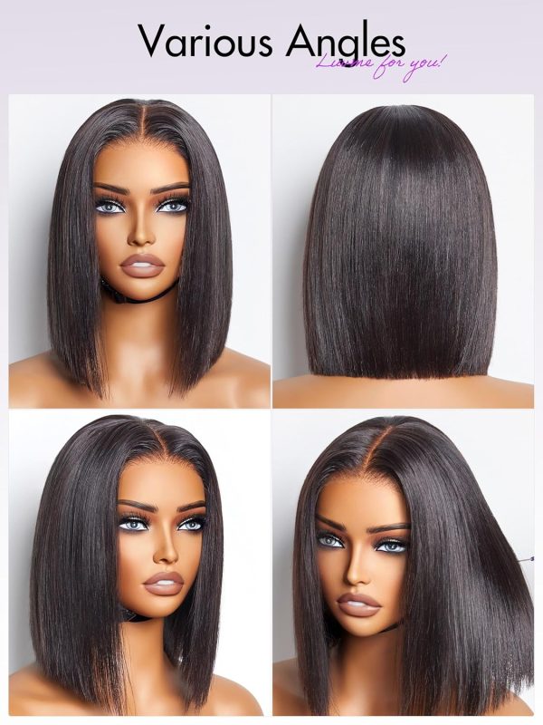 LUVME HAIR 14 Inch Yaki Straight Bob Wig with Bangs Human Hair Glueless HD Lace Bob Wig with Brown Highlights, Ready to Go Short Wigs For Women 180 Density Breathable Cap - Image 139