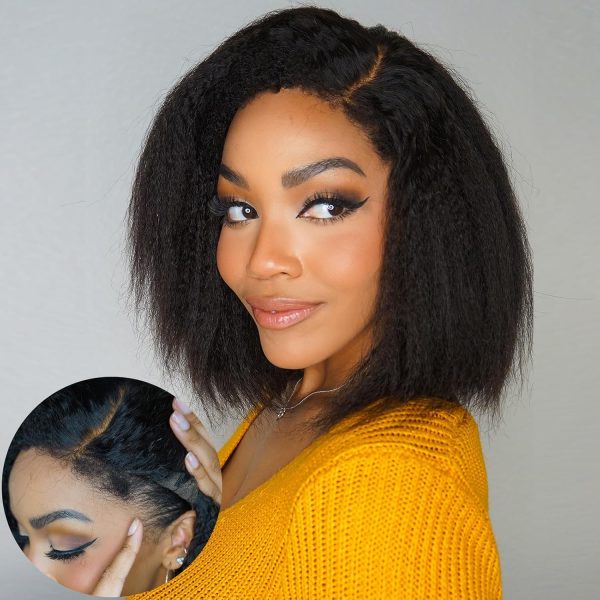 LUVME HAIR 14 Inch Yaki Straight Bob Wig with Bangs Human Hair Glueless HD Lace Bob Wig with Brown Highlights, Ready to Go Short Wigs For Women 180 Density Breathable Cap - Image 150