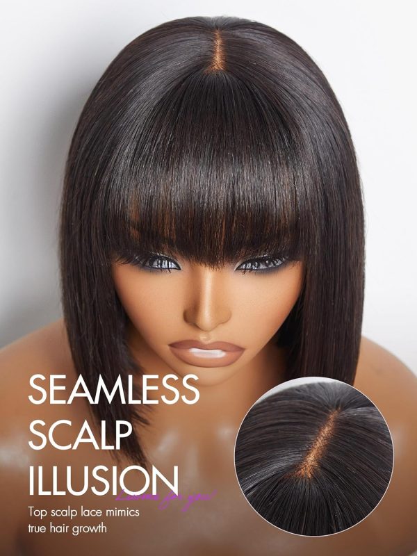 LUVME HAIR 14 Inch Yaki Straight Bob Wig with Bangs Human Hair Glueless HD Lace Bob Wig with Brown Highlights, Ready to Go Short Wigs For Women 180 Density Breathable Cap - Image 154