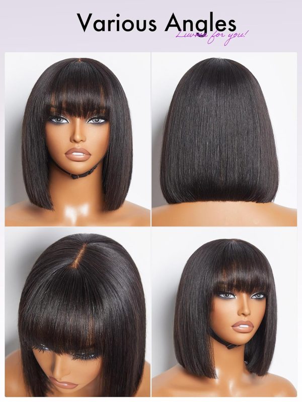 LUVME HAIR 14 Inch Yaki Straight Bob Wig with Bangs Human Hair Glueless HD Lace Bob Wig with Brown Highlights, Ready to Go Short Wigs For Women 180 Density Breathable Cap - Image 157