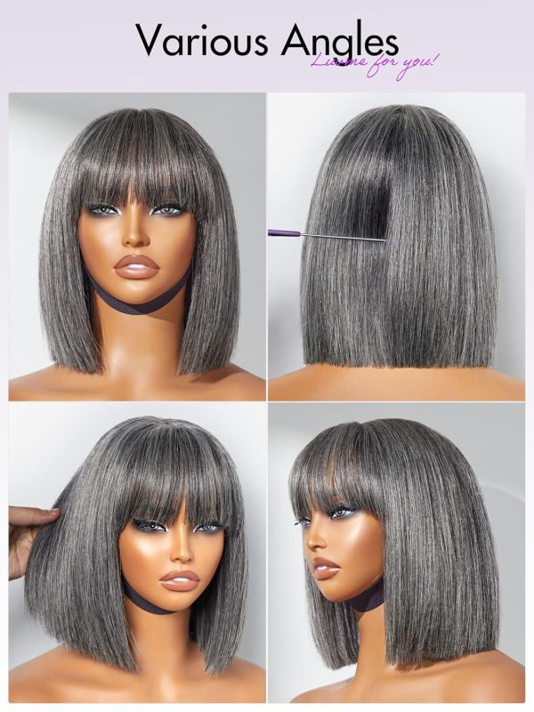 LUVME HAIR 14 Inch Yaki Straight Bob Wig with Bangs Human Hair Glueless HD Lace Bob Wig with Brown Highlights, Ready to Go Short Wigs For Women 180 Density Breathable Cap - Image 167