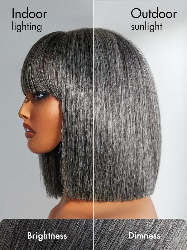 LUVME HAIR 14 Inch Yaki Straight Bob Wig with Bangs Human Hair Glueless HD Lace Bob Wig with Brown Highlights, Ready to Go Short Wigs For Women 180 Density Breathable Cap - Image 168