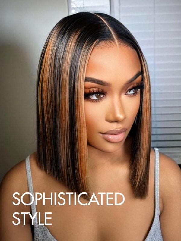 LUVME HAIR 14 Inch Yaki Straight Bob Wig with Bangs Human Hair Glueless HD Lace Bob Wig with Brown Highlights, Ready to Go Short Wigs For Women 180 Density Breathable Cap - Image 178