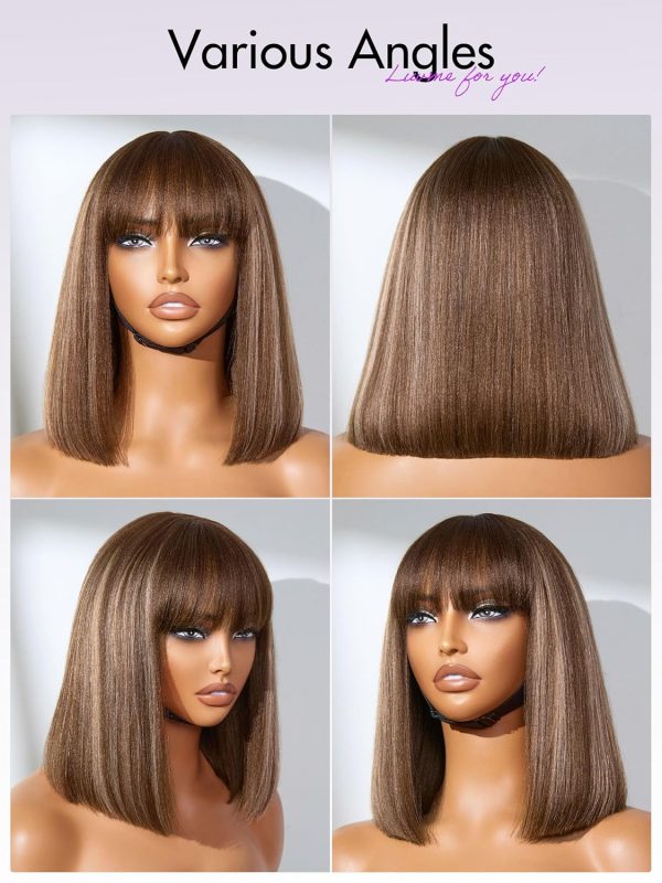 LUVME HAIR 14 Inch Yaki Straight Bob Wig with Bangs Human Hair Glueless HD Lace Bob Wig with Brown Highlights, Ready to Go Short Wigs For Women 180 Density Breathable Cap - Image 180