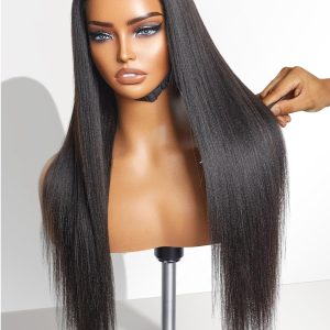 LUVME HAIR 16 Inch Yaki Straight Human Hair Wigs Pre Cut 5x5 Glueless HD Lace Closure Wig Pre Plucked Natural Black